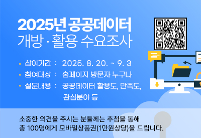 2025년 공공데이터 개방·활용 수요조사

참여기간 : 2025. 8. 20. ~ 9. 3.
참여대상 : 홈페이지 방문자 누구나
설문내용 : 공공데이터 활용도, 만족도, 관심분야 등

소중한 의견을 주시는 분들께는 추첨을 통해 총 100명에게 모바일상품권(1만원상당)을 드립니다.